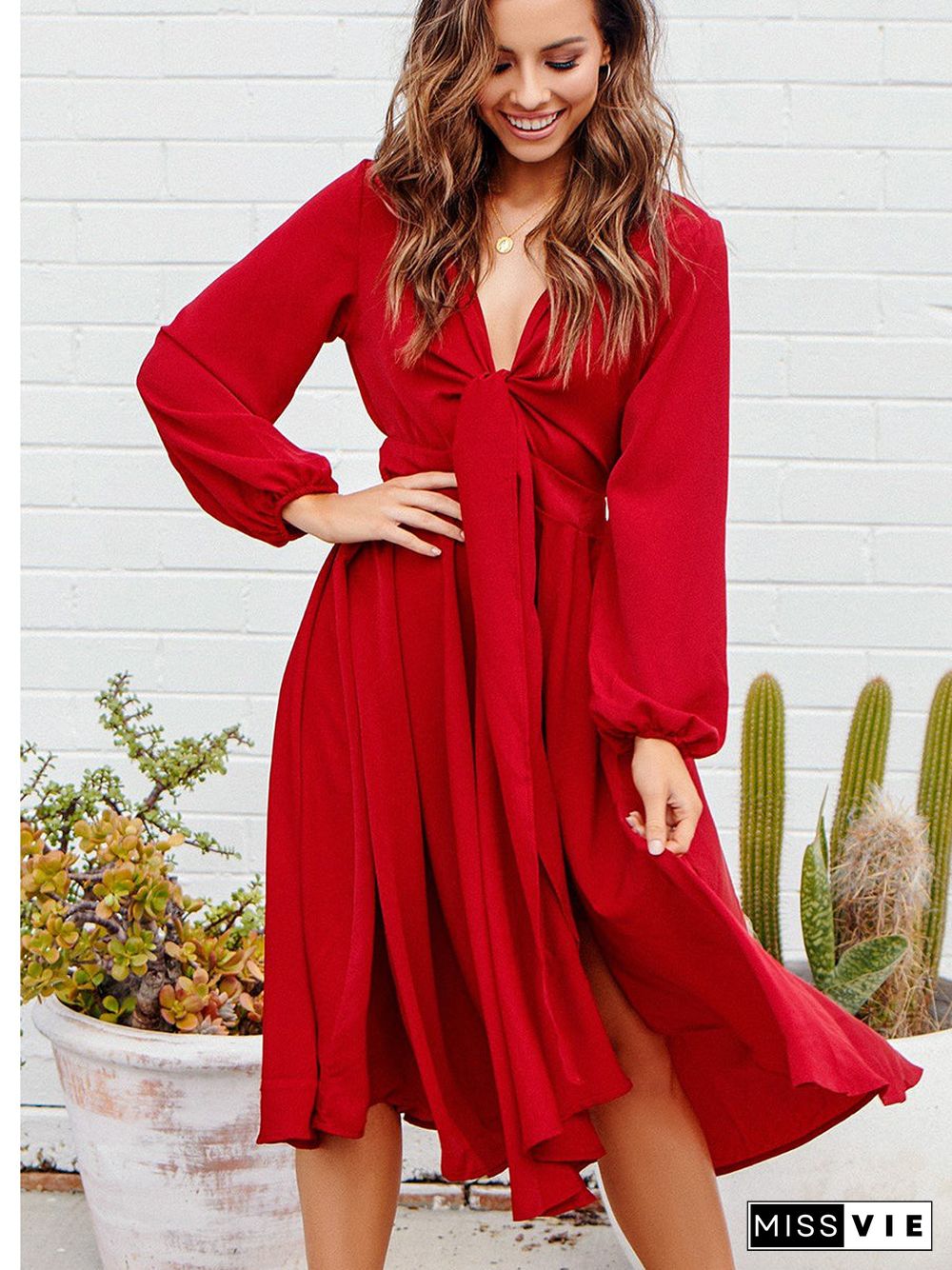 Red Deep V-Neck Long Sleeve Belt Dress