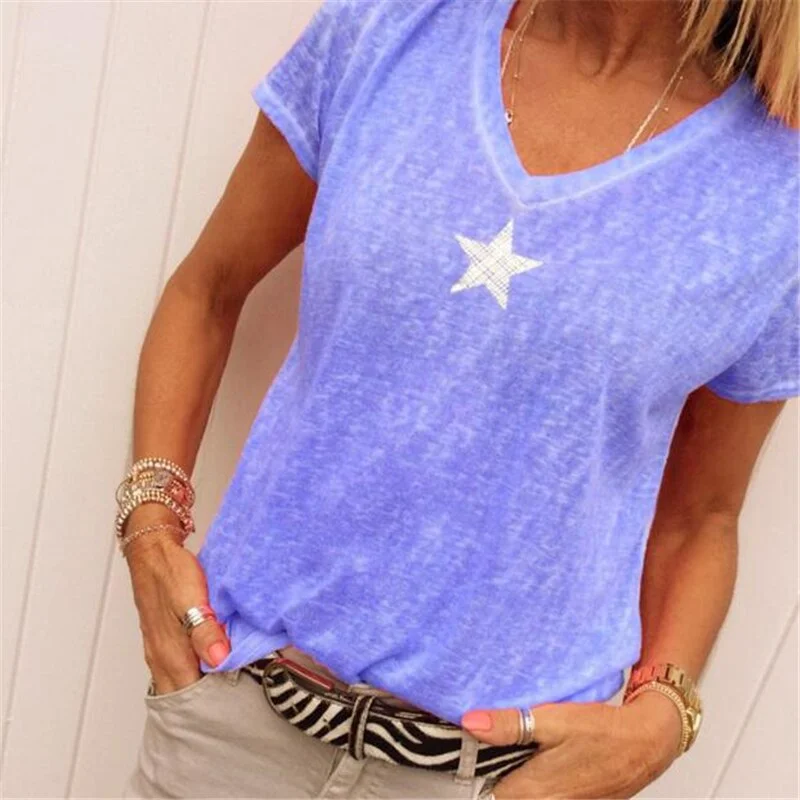 Women Short Sleeve Female 2021 Summer V Neck Tops Casual T Shirts Basic Tops Pentagram Bamboo Fiber Women's Tees Plus Size 5XL