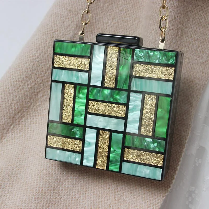 Women Evening Bag Cute Green Gold Acrylic Chain Handbag-VESSFUL