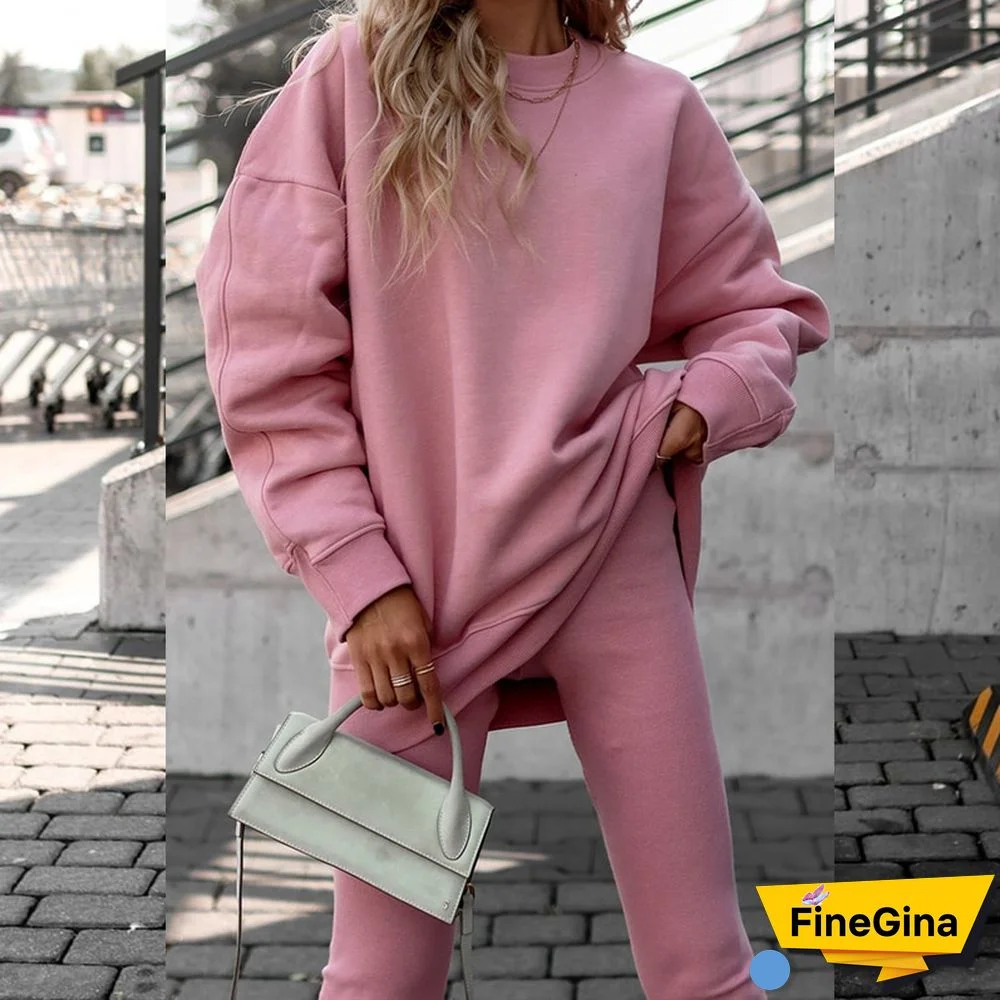 Women Casual 2 Piece Sets Fall Long Sleeve O Neck Loose Pullover Sweatshirt And Slim Pants Set Ladies Fashion Solid Sports Suit