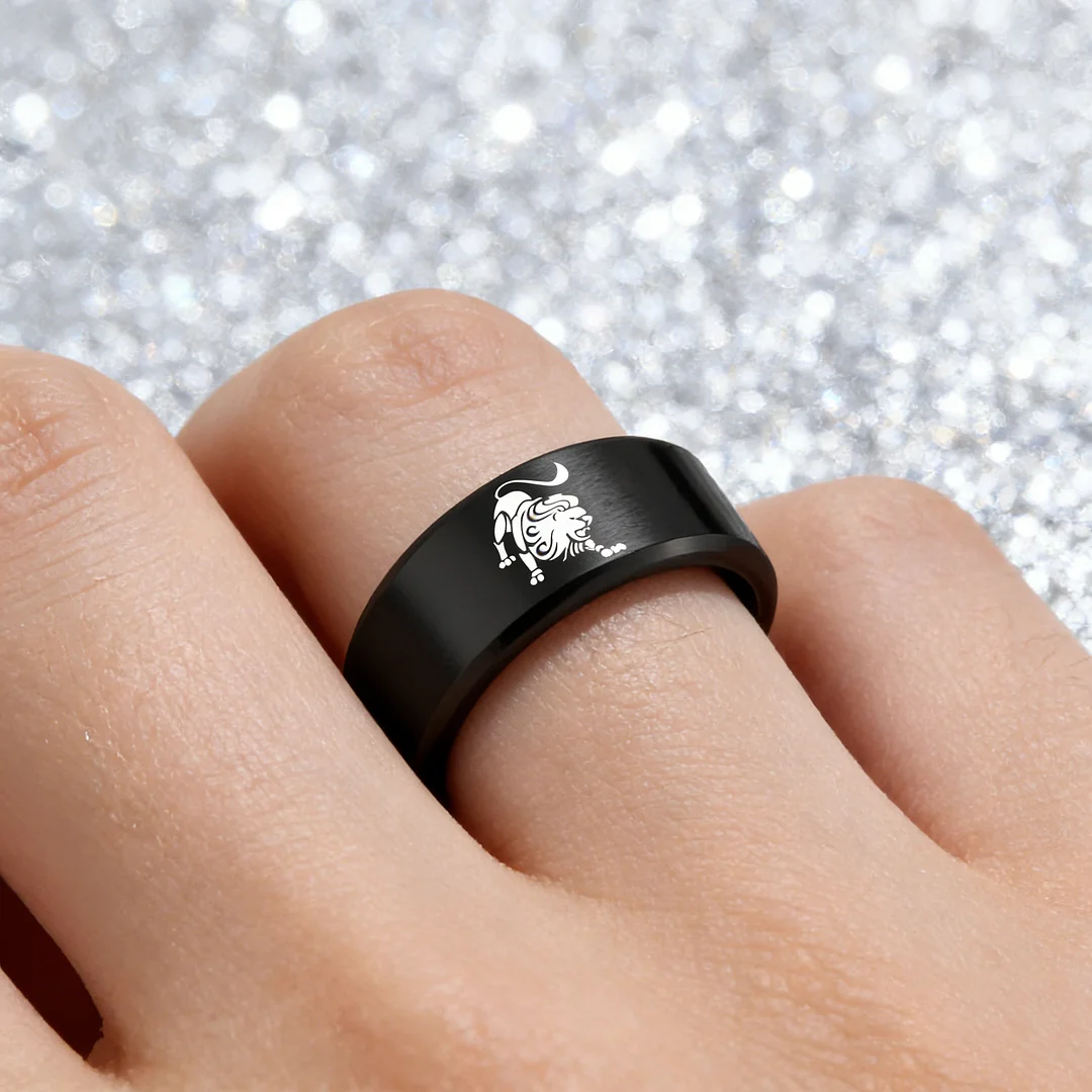 Black Leo Tungsten Carbide Rings Beveled Edges Black Laser Etched Couple Wedding Bands 4MM 6MM 8MM