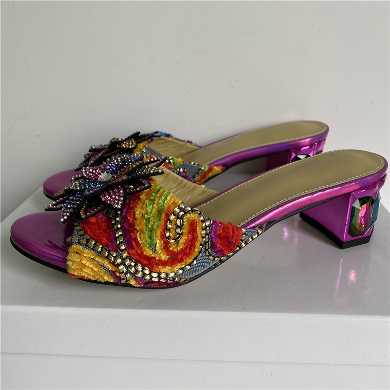 VCSHOES Embroidery Flower Air Mesh Sandals Women Diamond Crystal Heel Bling Decor Slingbacks Mules
