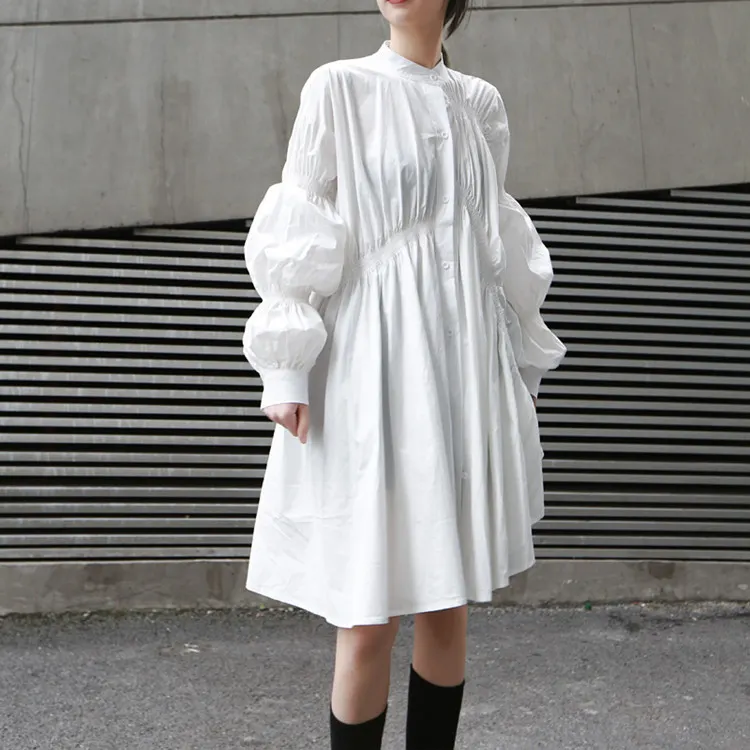 Unique Pleated Lantern-Sleeve Dress