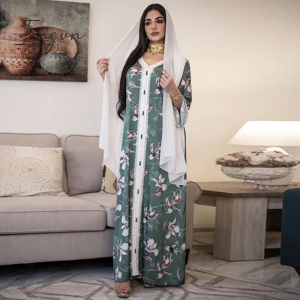 Ingvn - Siskakia Ethnic V Neck Ribbon Maxi Dress Fall Loose Muslim Jalabiya Abaya Dresses Full