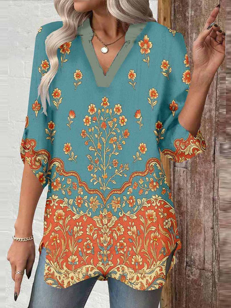 Women Retro, Blue, Orange DZGA0360 3/4 Sleeve V-neck Printed Graphic Button Tops