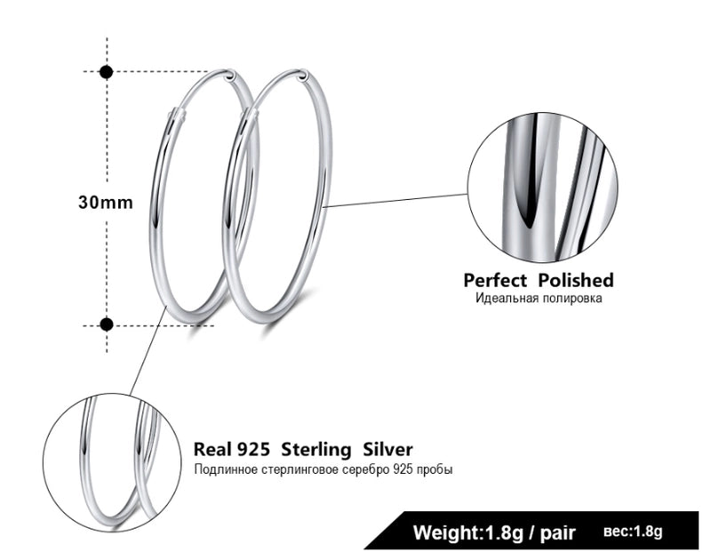 1 Pair 925 Sterling Silver Round Hoop Earrings