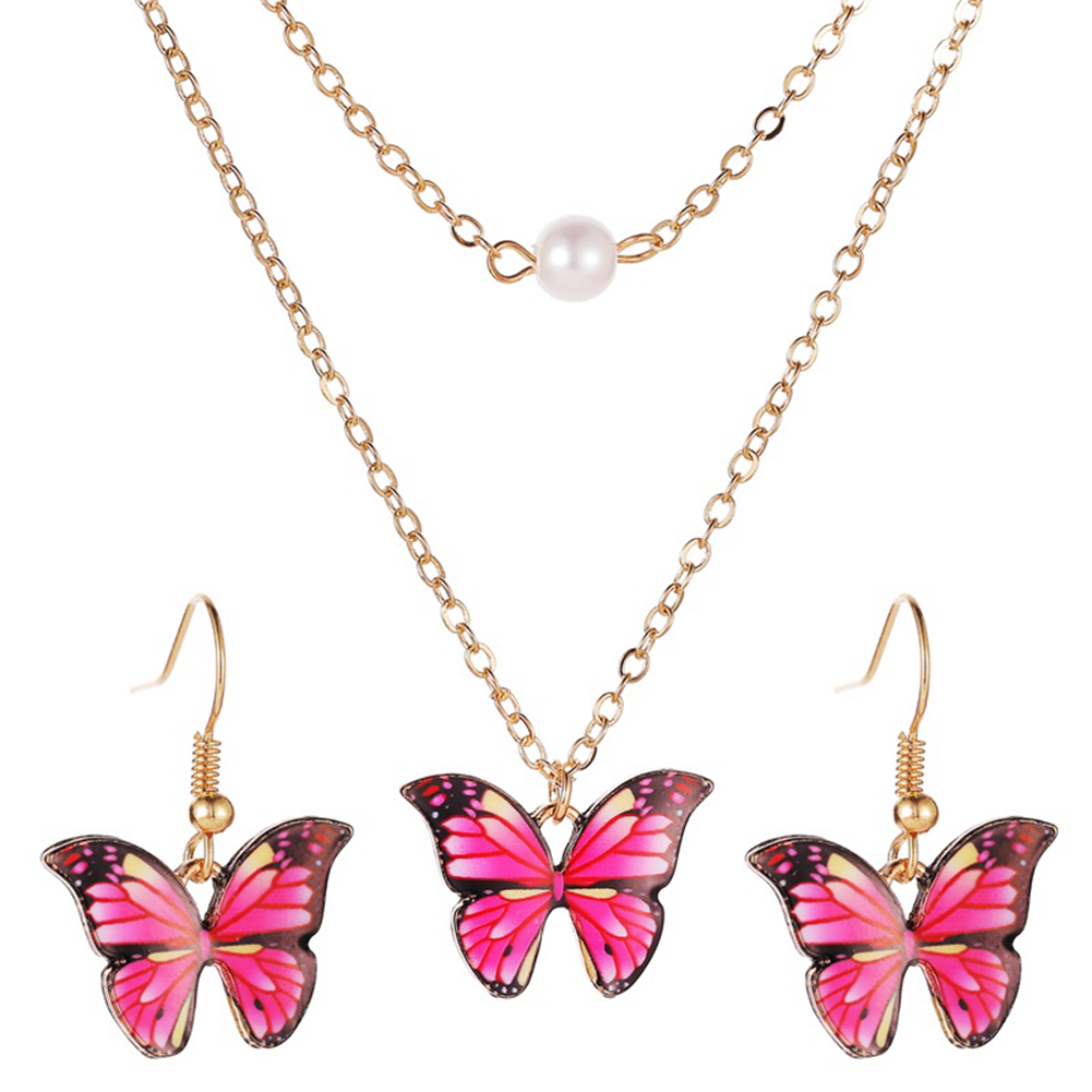 

3pcs/set Pearl Butterfly Two Layer Necklace Pendant Earrings Women Jewelry, Pink, 501 Original