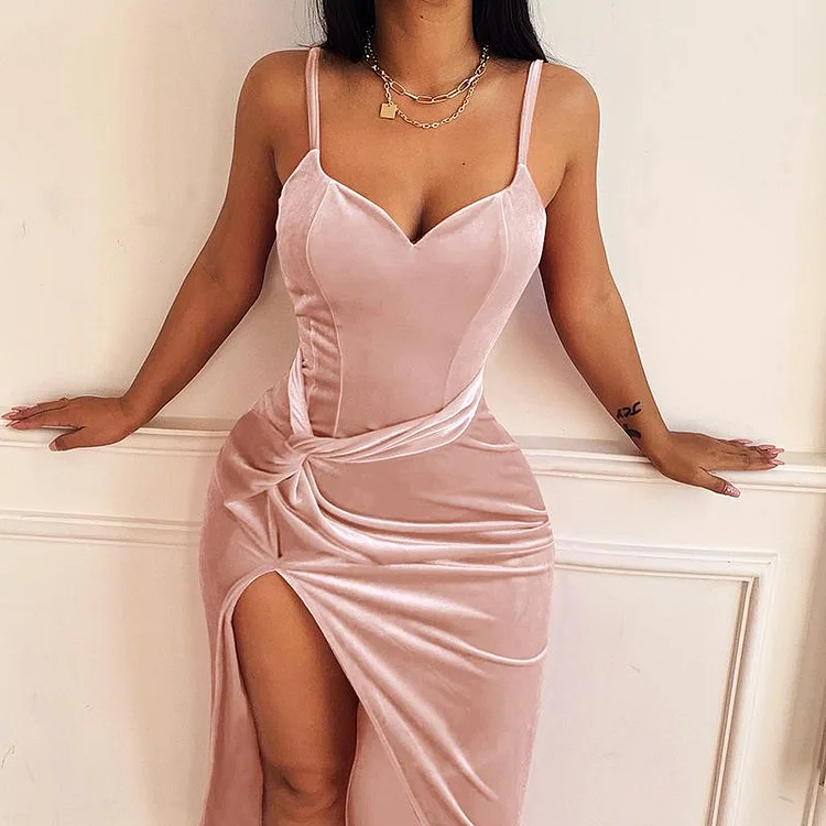 Promsstyle Solid velvet twisted midi slip dress Prom Dress 2023