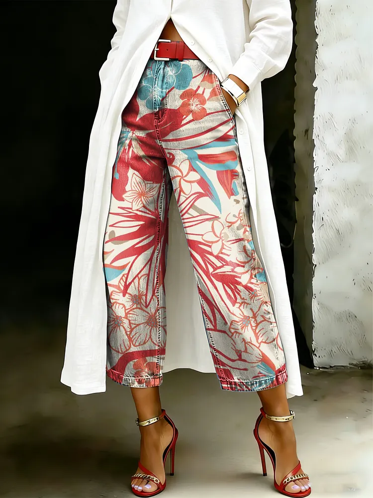 Women's Vintage Multicolor Floral Art Casual Wide Denim Pants