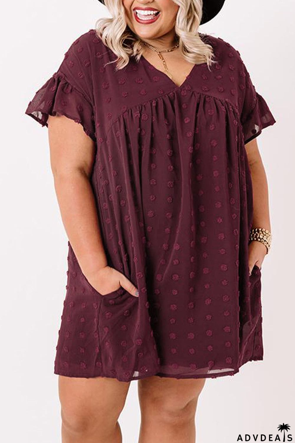 Plus Size V Neck Ruffle Swiss Dot Mini Dress with Pocket