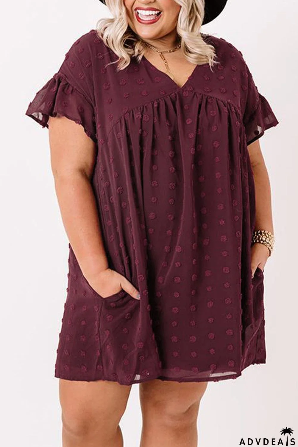 Plus Size V Neck Ruffle Swiss Dot Mini Dress with Pocket