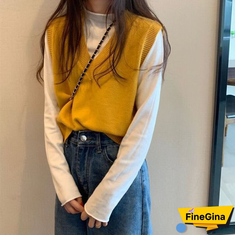 Sweater Vest Women Solid Autumn Winter All-match Leisure Outerwear Knitted V-Neck