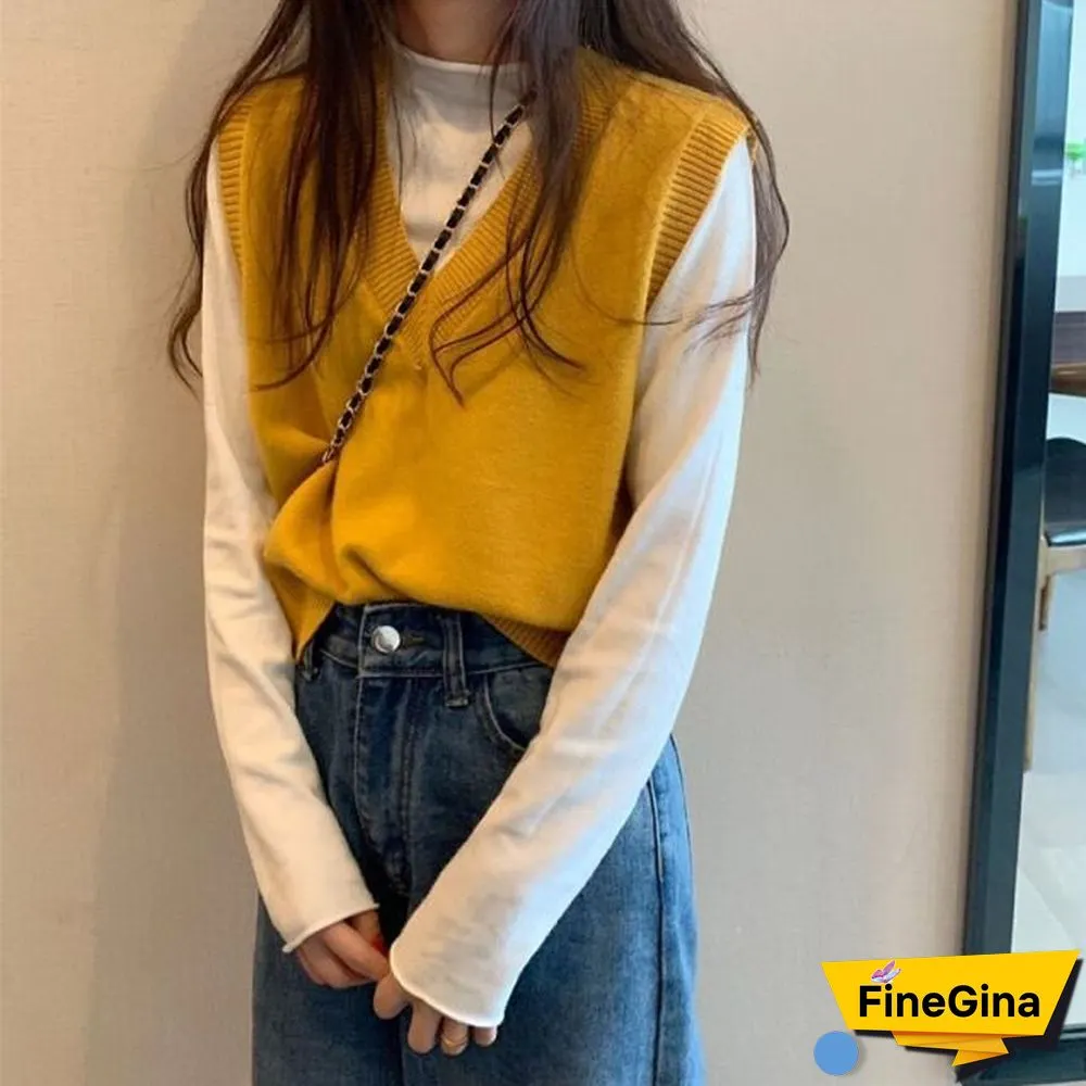 Sweater Vest Women Solid Autumn Winter All-match Leisure Outerwear Knitted V-Neck