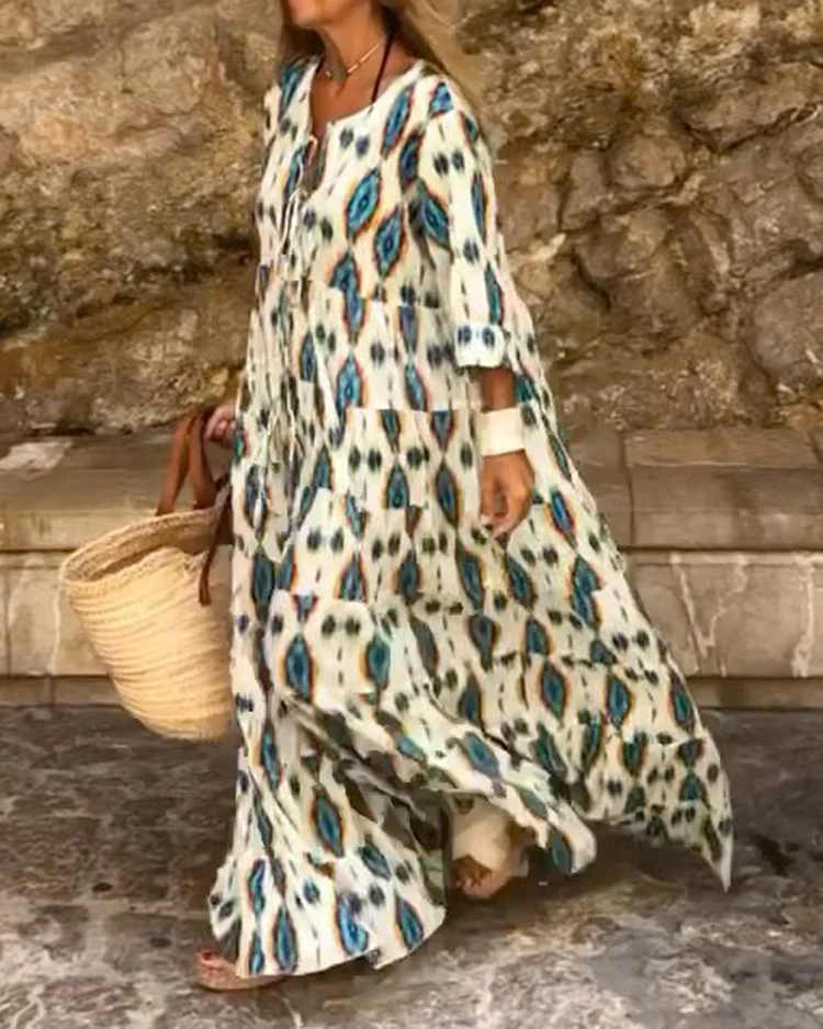Long Sleeve Printed Loose V-Neck Robe