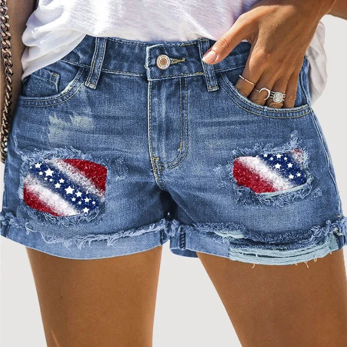 Printed Cuffed Ripped Denim Shorts