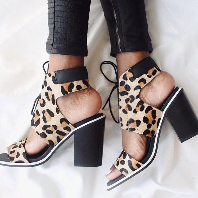 Khaki Vegan Suede Leopard Print Lace-Up Sandals with Chunky Heels |FSJ Shoes