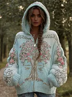 Women's Viking Pink Rose Tree Of Life Knit Zip-up Hooded Sweater