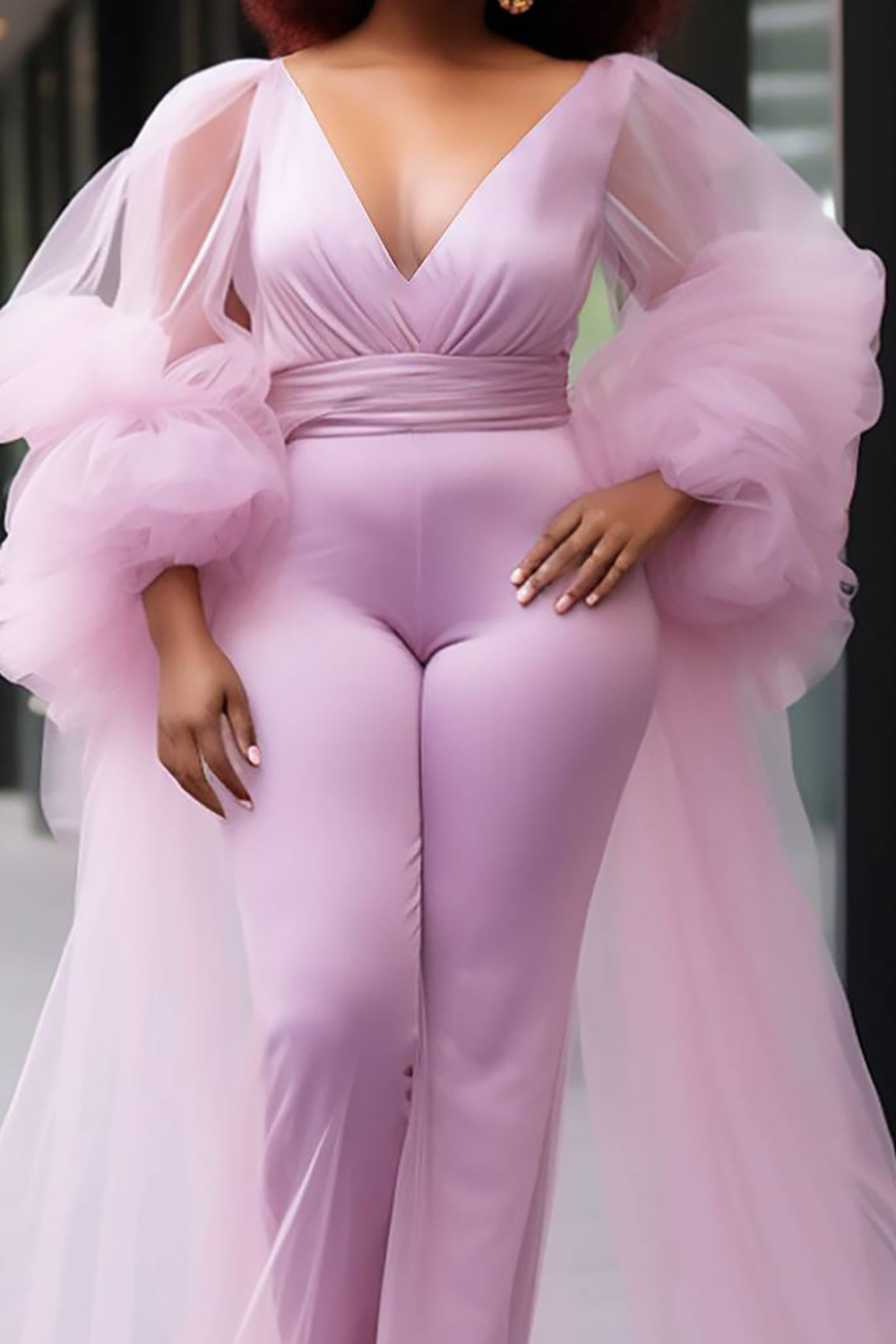 Design Plus Size Party Elegant Pink V Neck Puff Sleeve Long Sleeve See Through Contrast Satin Jumpsuits [Pre-Order]