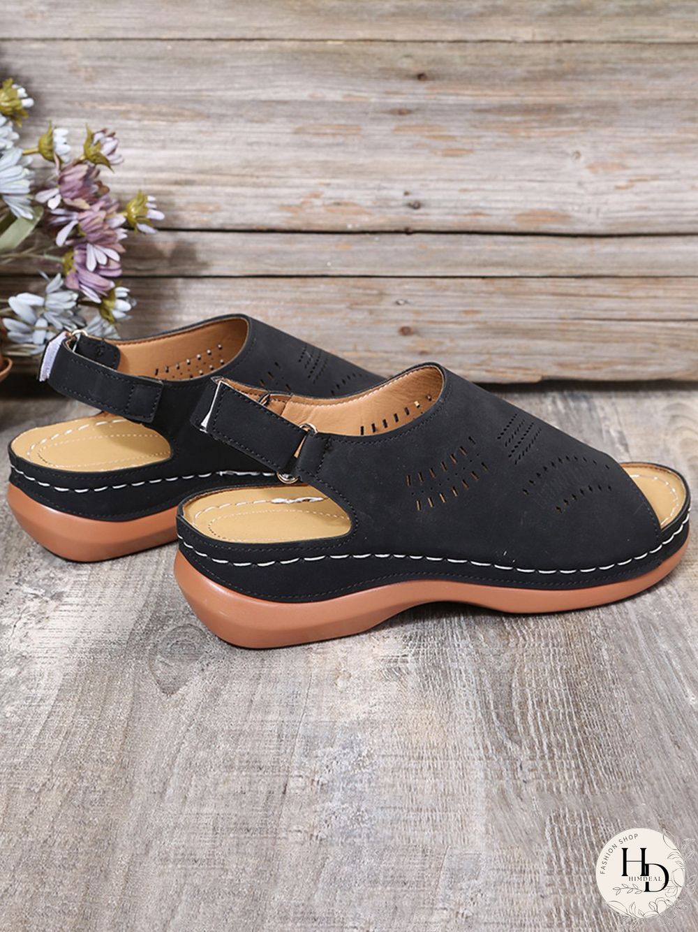 Cutout Velcro Vintage Casual Velcro Wedge Sandals