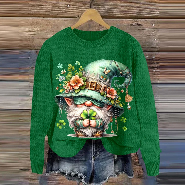 Women'S St. Patrick'S Day Gnome Knitted Cozy Sweater