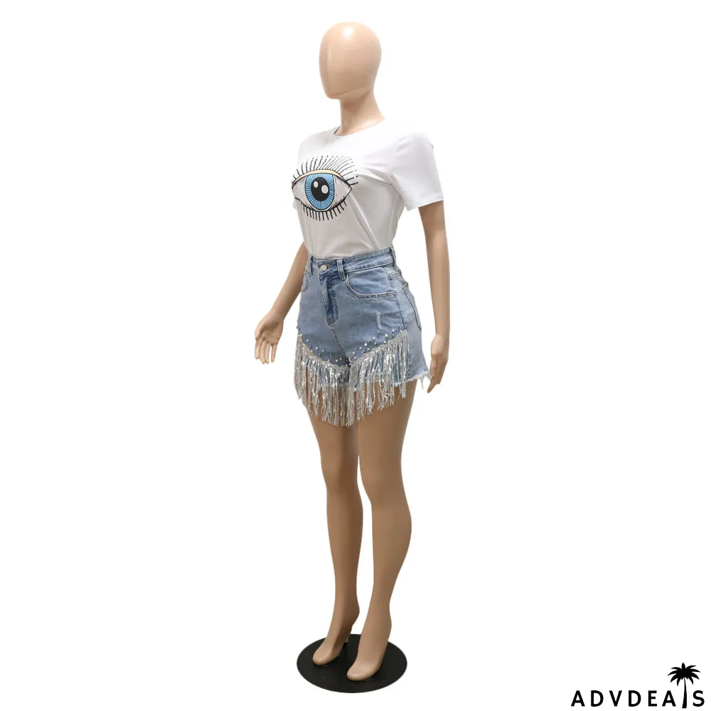 Fashion Sequin Fringe Pearl Denim Shorts