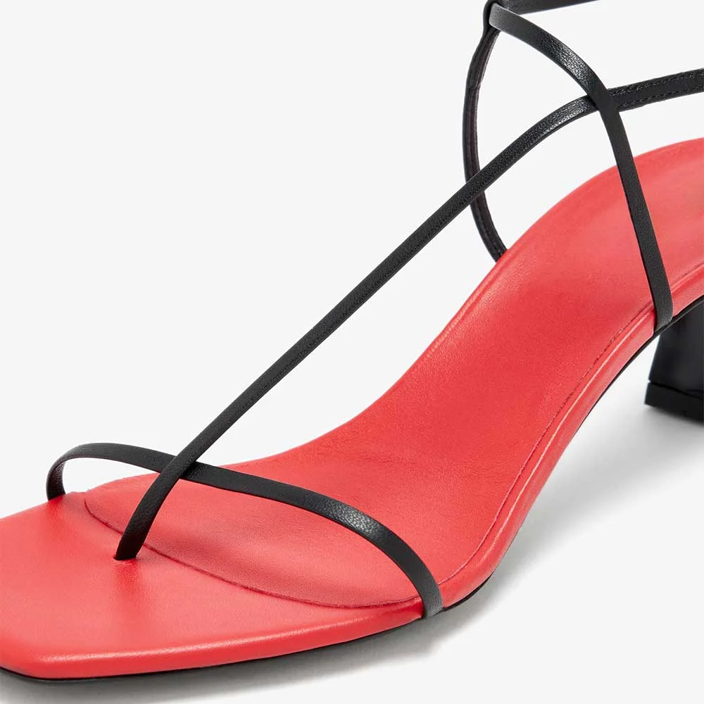 Red Simple Kitten Heels Crossed Strap Square Toe Women Sandals
