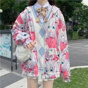 Harajuku Kawaii Hoodies Long Sleeve Casual Loose Zipper Fleece Coats Tracksuit Female Oversiezd Sweatshirt Cute High Street Tops