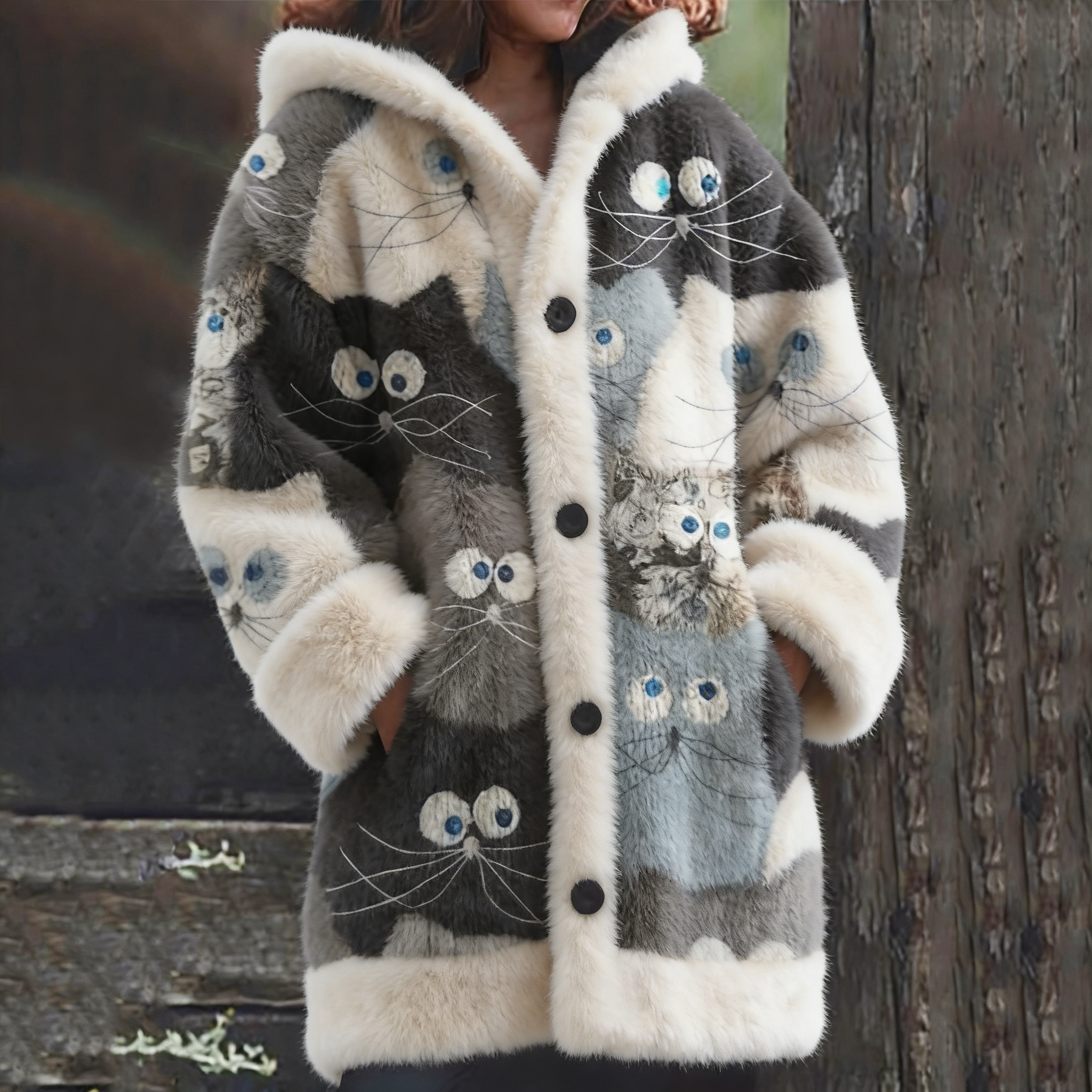 Women's Cat Art Pattern Cozy Hooded Cardigan wearshes