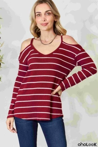 BiBi Striped Cold Shoulder Long Sleeve Knit Top