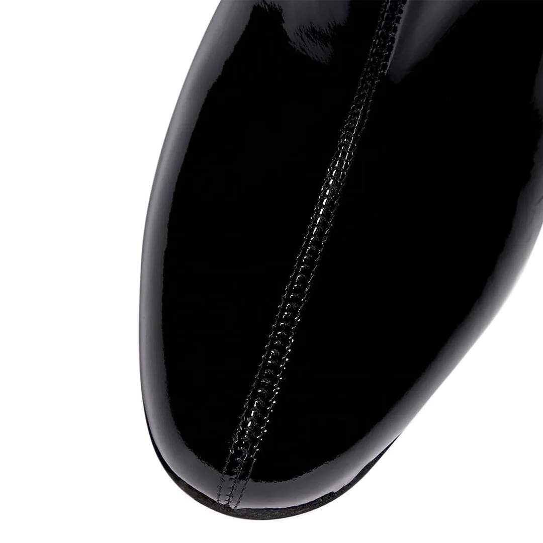 Patent Round Toe Rhinestone Block Heel Zipper Ankle Boots in Black