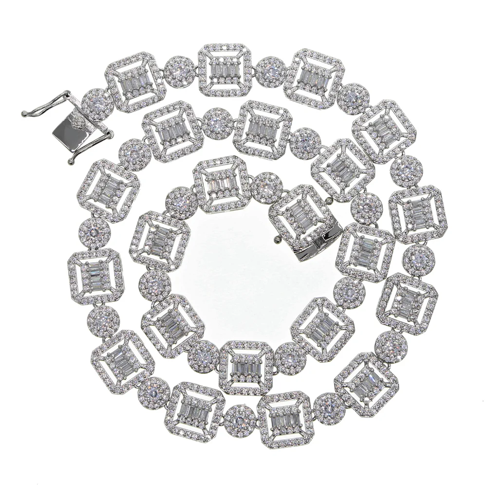 12MM Iced Out Geometric Round Square Beads Link Baguette Chain-VESSFUL