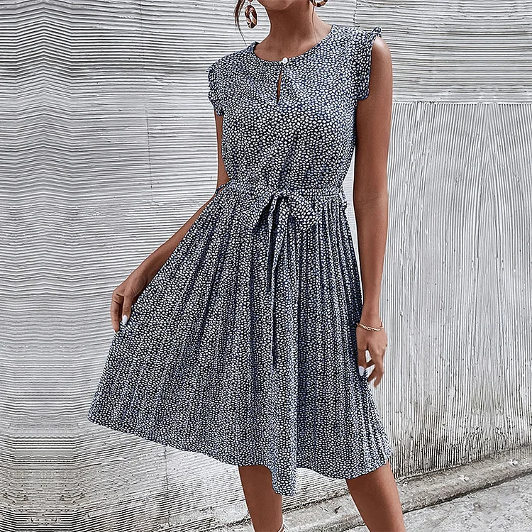 Elegant Floral Prints O-neck Casual Sleeveless Midi Dress