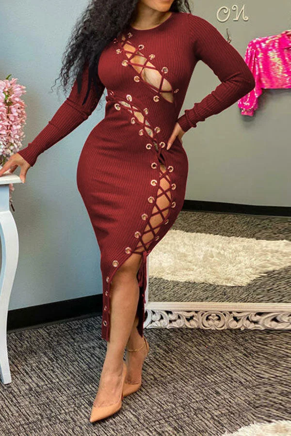 Solid Color Round Neck Feminine Cutout Strappy Midi Dress