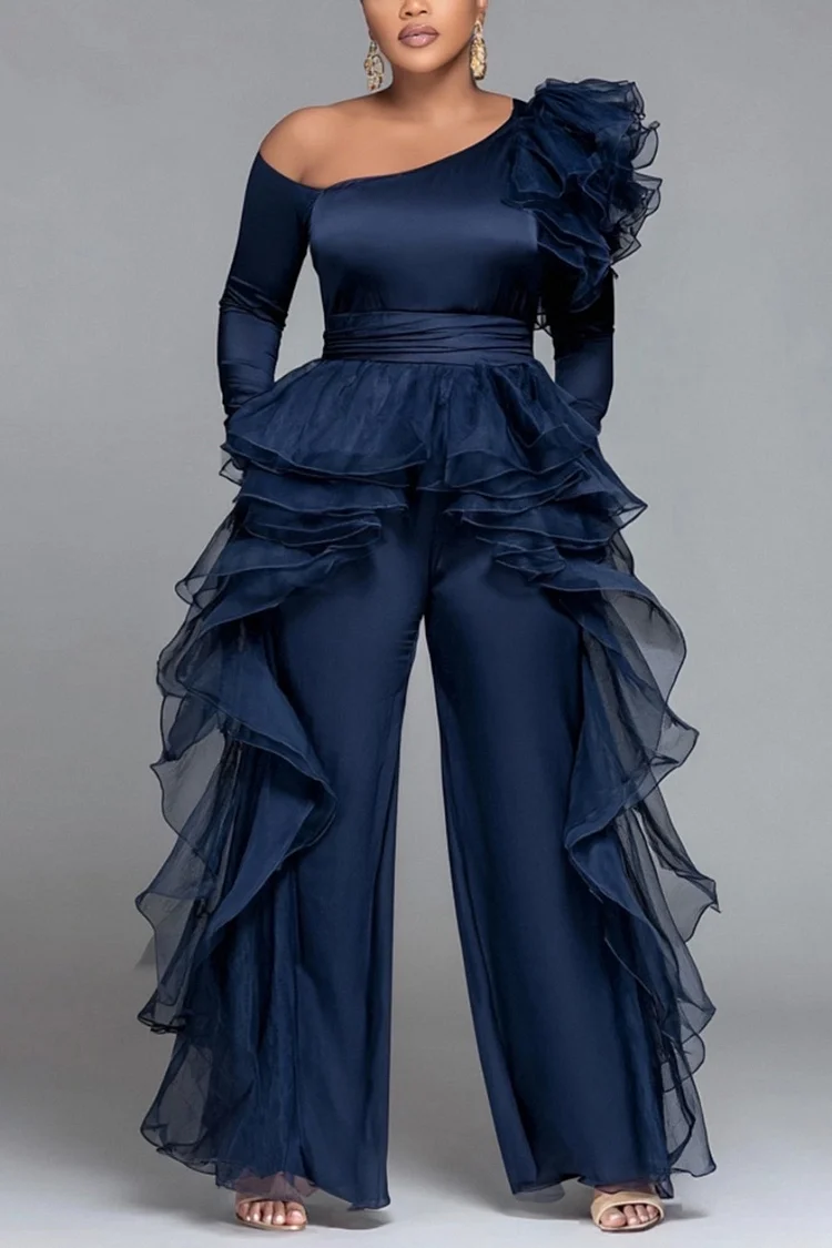 Xpluswear Design Plus Size Wedding Guest Tulle Blue Oblique Collar Long Sleeve Ruffle Elegant Pocket Satin Jumpsuits [Pre-Order]