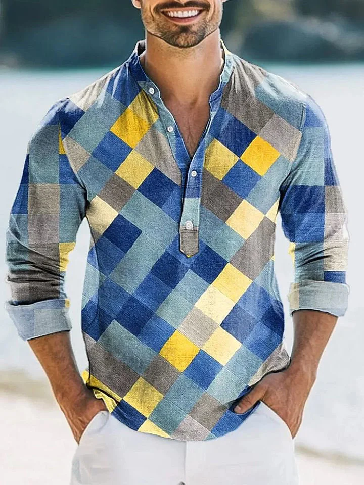 Men's Vintage Color Plaid Art Print Long Sleeve Henley Shirt