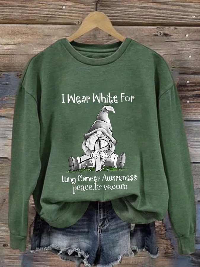 Women's Gnome I Wear White For Lung Cancer Awareness Peace Love Cure Print Sweatshirt socialshop