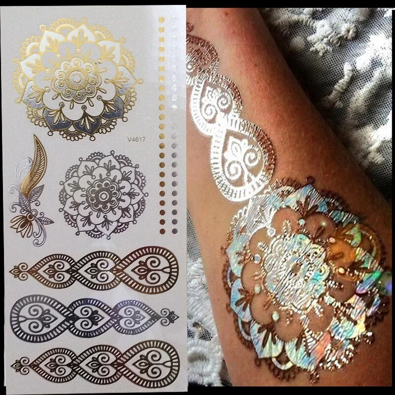 New Glitter Body Art Painting Flash Gold Tattoo Large Arabic Indian Temporary Tattoos Stickers