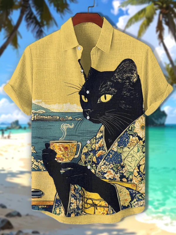 Men's Japanese Kimono Black Cat Drinking Coffee On Vacation Art Print Casual Shirt