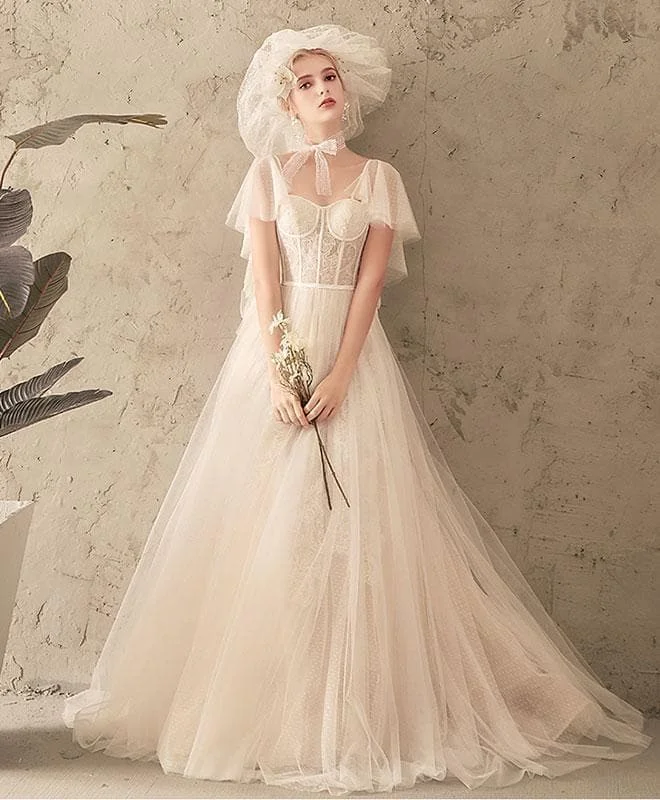 Unique Tulle Lace Long Prom Dress, White Tulle Evening Dress