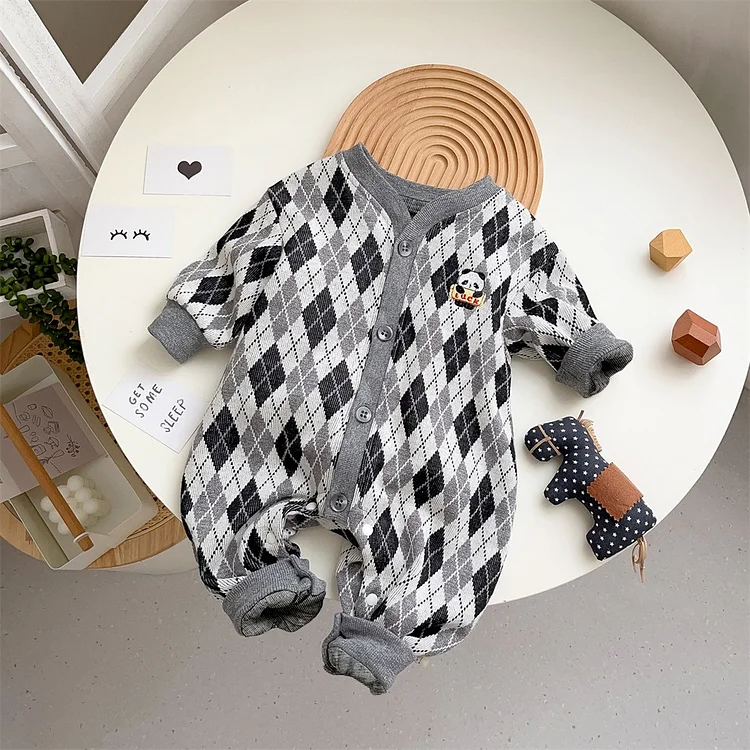 Baby Boy Panda Embroidery Rhomb Long Sleeve Kintted Romper