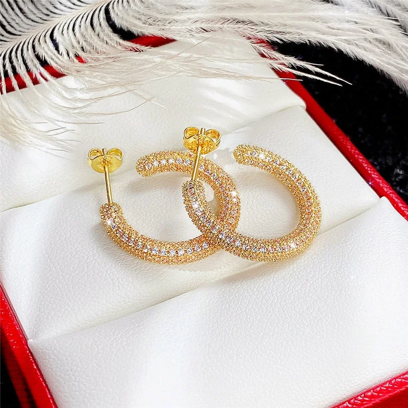 Huitan Luxury Gold Color Hoop Earrings for Women Micro Paved CZ Stone Simple Design Fashion Lady Earrings Jewelry Wholesale Lots