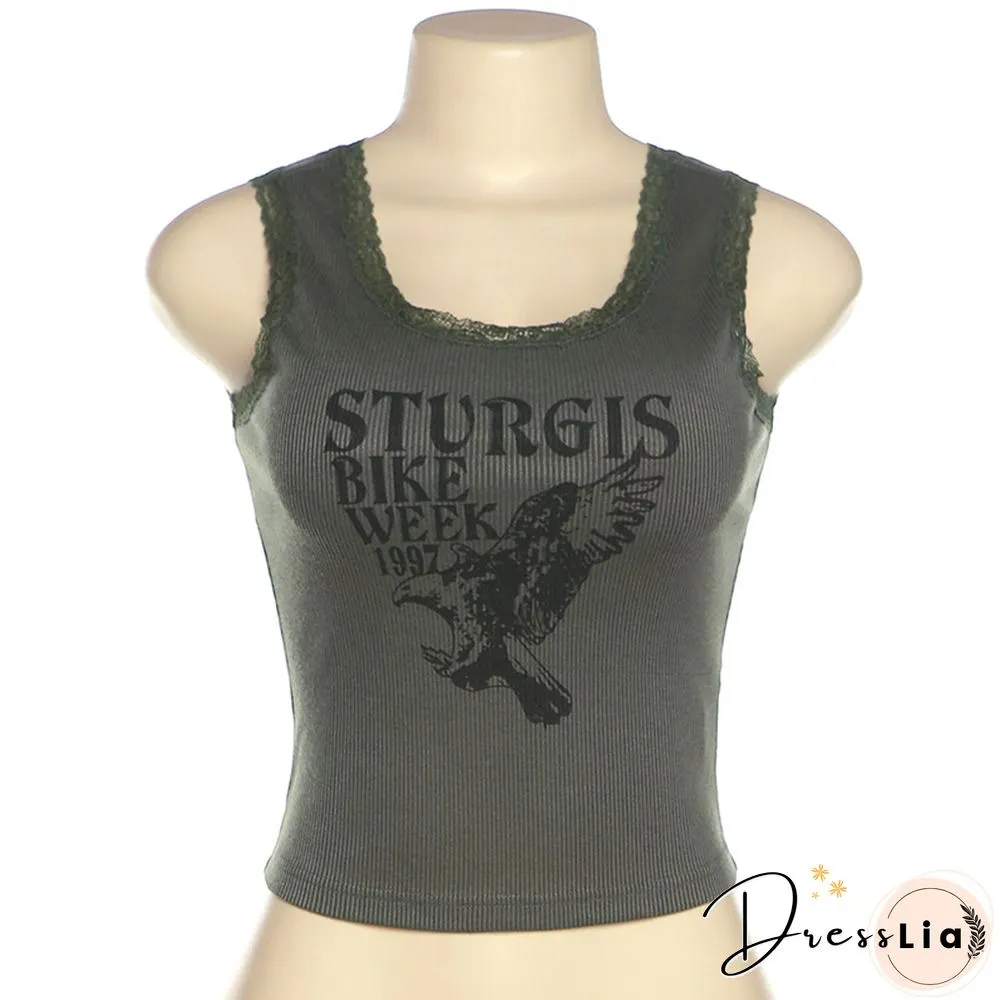 Cyber Y2k Tanks Summer Women Graphic Tee Lace Trim Knitted Vest Punk Gothic Crop T-shirt