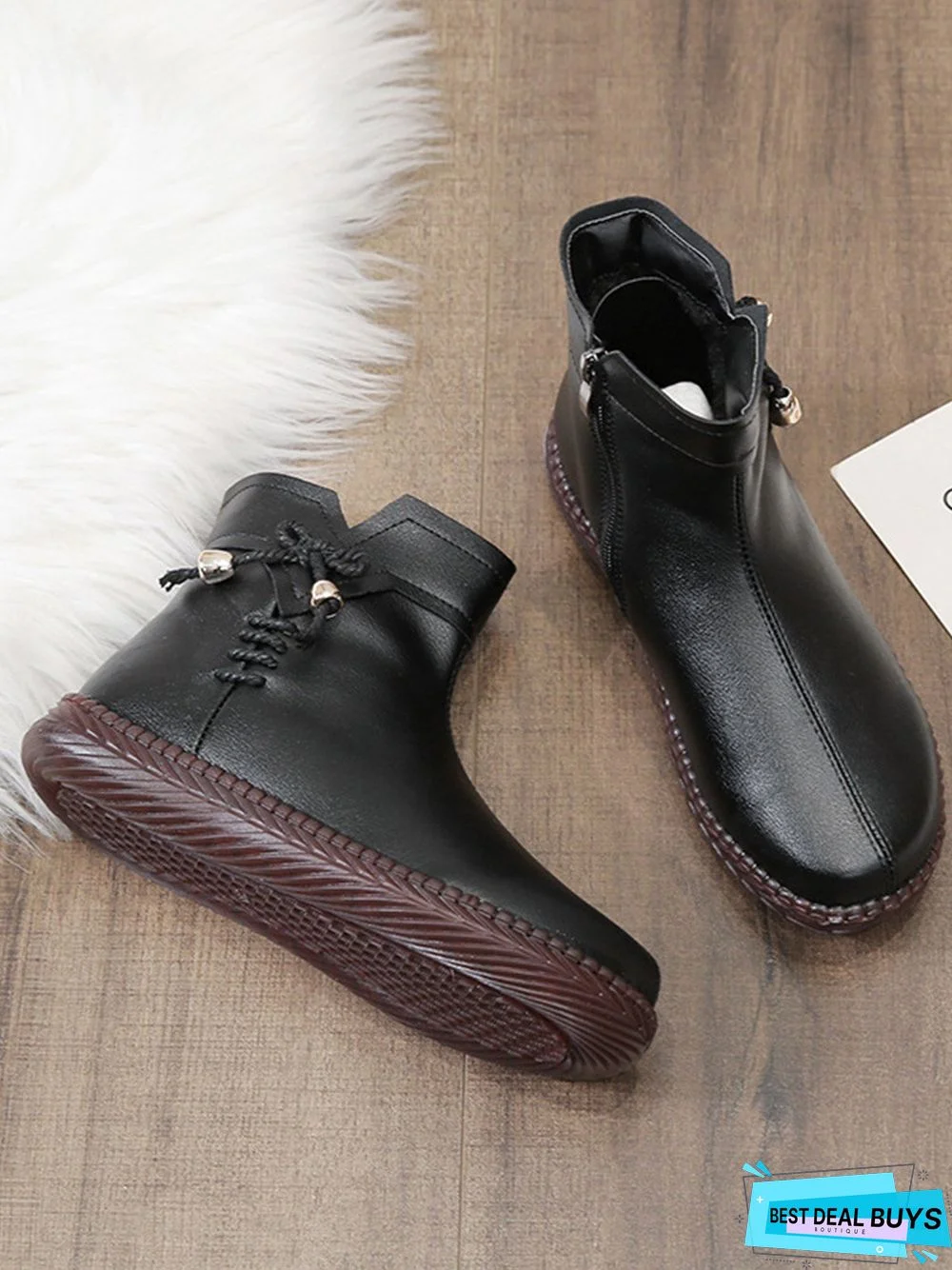 Women's Bow Faux Fur Lined Plain Boots with Zipper