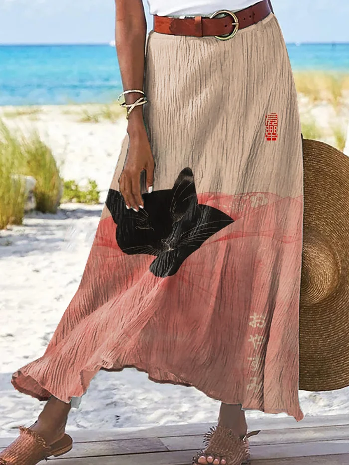 Women's Japanese Sleep Black Cat Ink Painting Print Skirt​