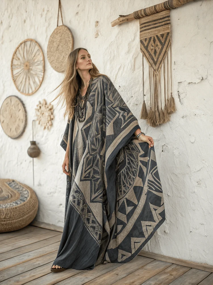 Linen Printed Kaftan Maxi Dress