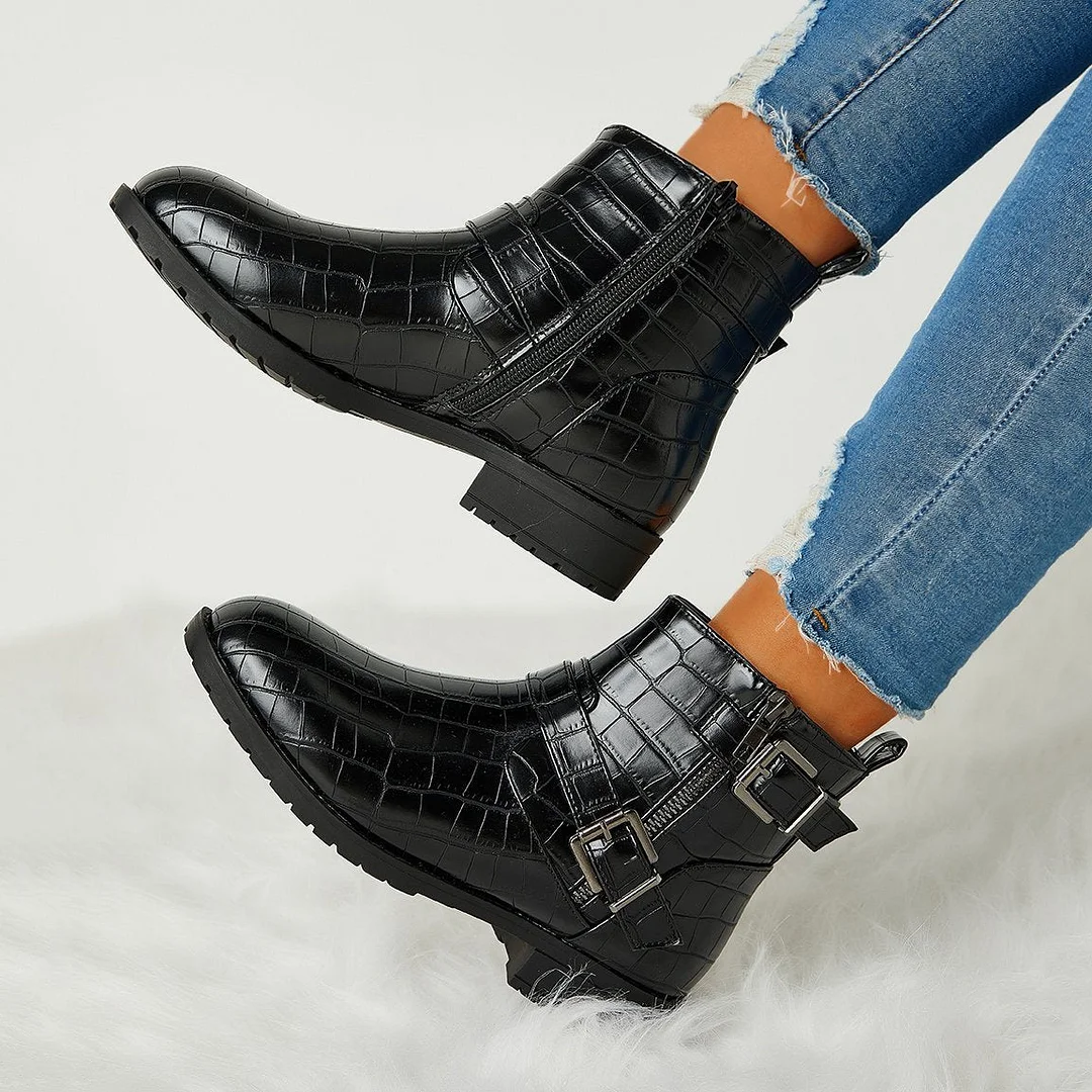 Women Trendy Bright Leather Zipper Buckle Ankle Boots