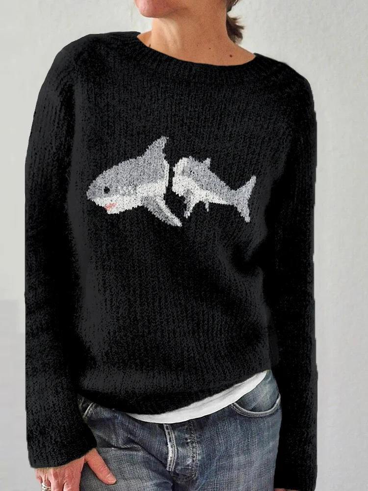 Cute White Shark Pattern Cozy Sweater