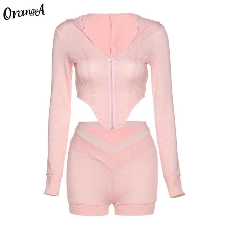 OrangeA women tracksuit fitness long sleeve v-neck zipper crop top biker shorts two piece outfits sporty fitness slim streetwear