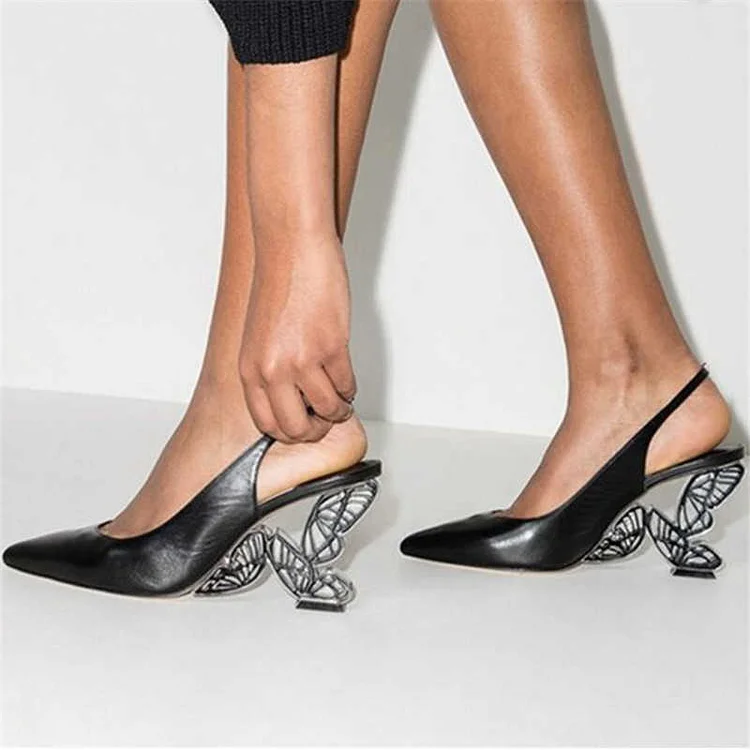 Women's Black Pointed Toe Butterfly Sculptural Heel Slingback Pumps |FSJ Shoes