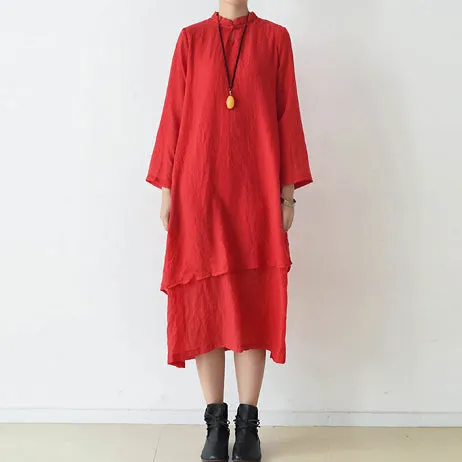 2025 fall red cotton dresses layered long maxi dress vintage high neck design